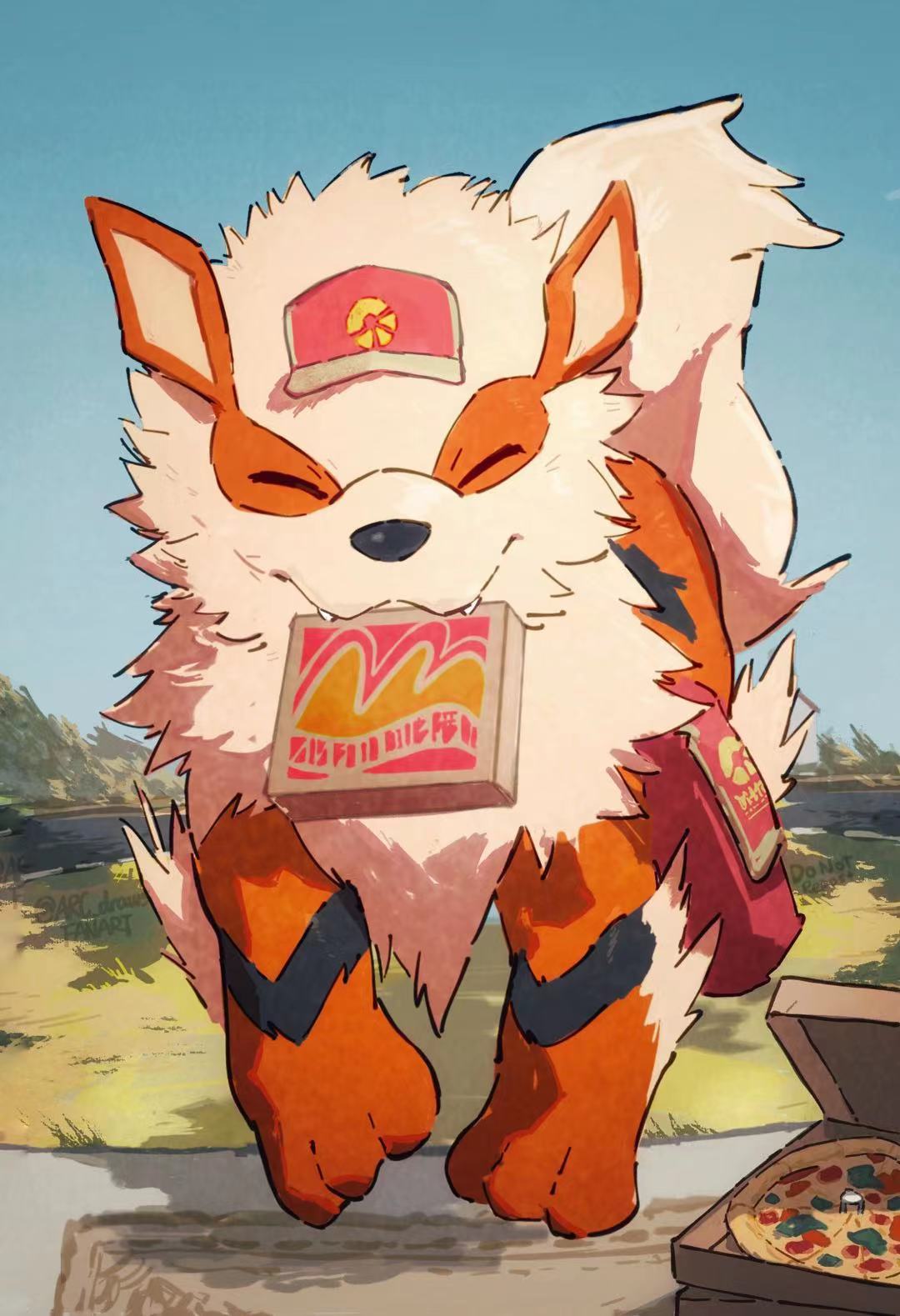 animal_focus arc_draws arcanine bag commentary_request day delivery doormat facing_viewer fangs fangs_out food grass hat highres mouth_hold no_humans outdoors pink_headwear pizza pizza_box pokemon pokemon_(creature) sky smile solo