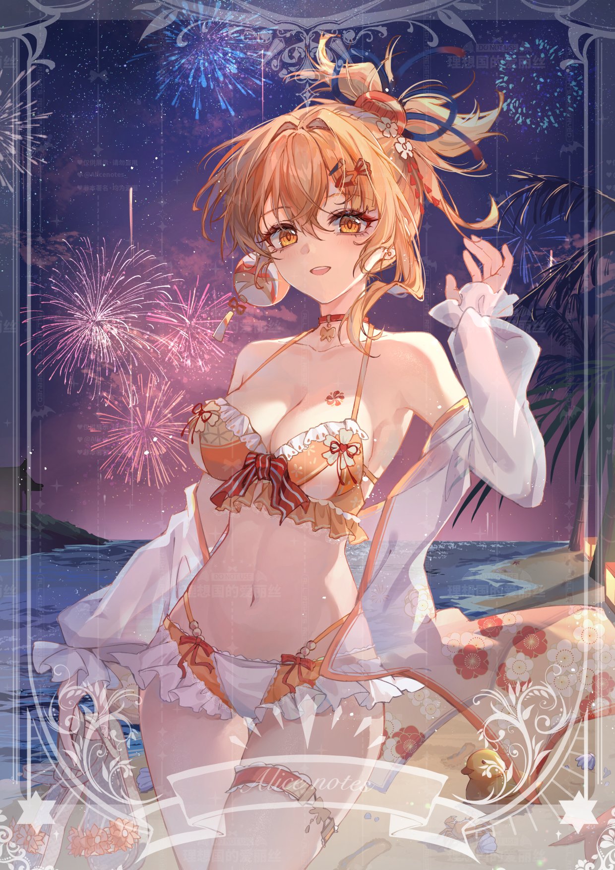 1girl aerial_fireworks arm_up bare_shoulders beach bikini blush border breasts choker cleavage earrings eyeliner fireworks flower frilled_bikini frills front-tie_bikini_top front-tie_top genshin_impact hair_between_eyes hair_bobbles hair_flower hair_ornament hairclip highres holding holding_clothes holding_footwear holding_sandals jewelry lantern large_breasts lixiang_guo_alice looking_at_viewer makeup navel night night_sky ocean open_mouth orange_bikini orange_eyes orange_hair outdoors palm_tree ponytail red_eyeliner rubber_duck sandals sandals_removed see-through see-through_sleeves short_hair sky smile solo star_(sky) starry_sky stud_earrings swimsuit tassel tattoo thick_eyelashes thigh_strap transparent_border tree walking water yoimiya_(genshin_impact)