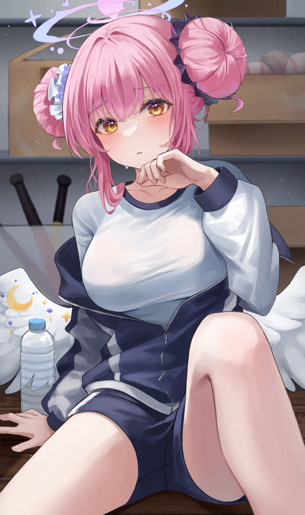1girl angel_wings arm_support baseball baseball_bat blue_archive blue_jacket blue_shorts blush bottle breasts commentary double_bun feathered_wings gym_uniform hair_bun halo hand_up highres indoors jacket knee_up large_breasts long_sleeves looking_at_viewer low_wings mika_(blue_archive) parted_lips partially_unzipped pink_hair shirt shorts sitting solo sweatdrop track_jacket water_bottle white_shirt white_wings wing_ornament wings yellow_eyes zuu_1028