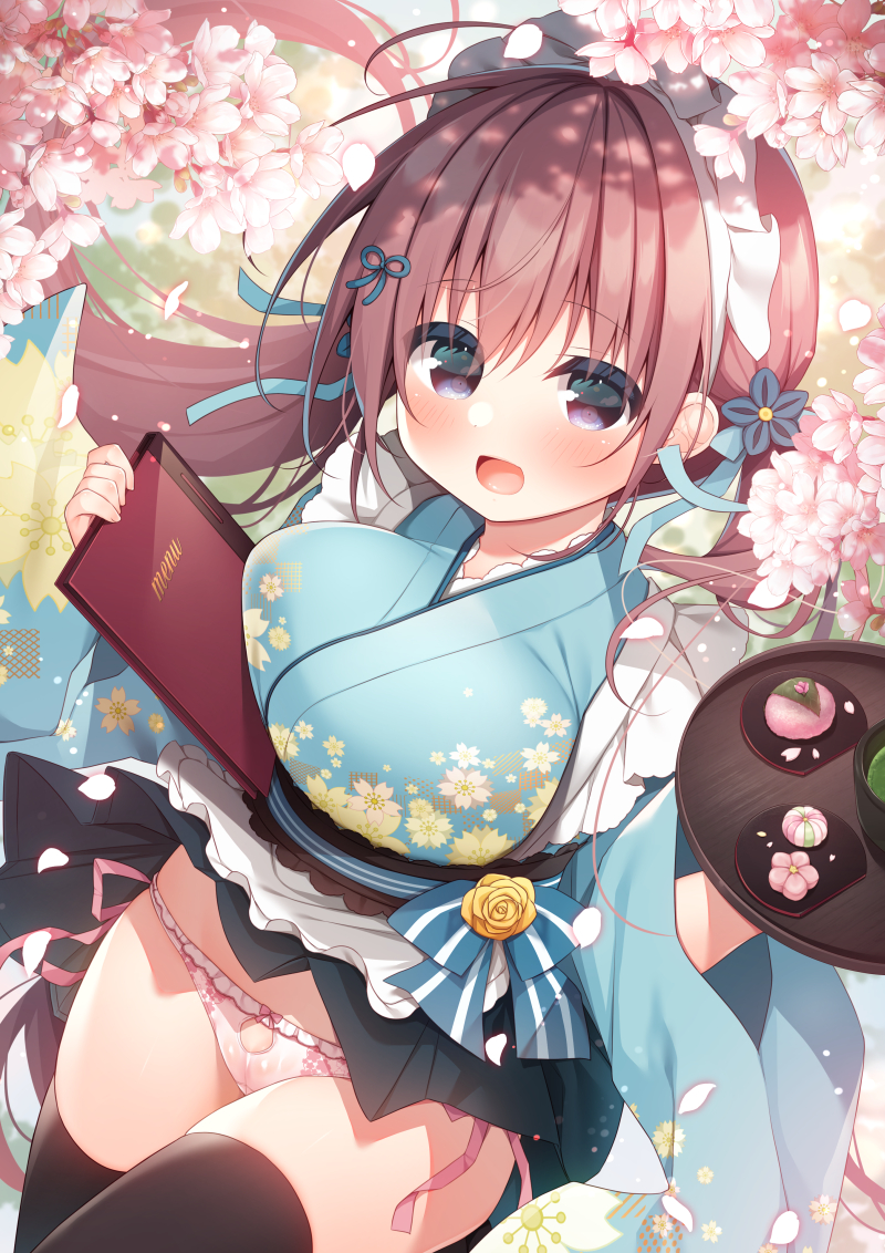 1girl :d black_skirt black_thighhighs blue_kimono bow bow_panties breasts brown_hair commentary_request floating_hair floral_print frilled_panties frills hair_between_eyes hanamiya_natsuka holding holding_tray japanese_clothes kimono large_breasts long_hair long_sleeves maid_headdress menu obi original panties pink_panties pleated_skirt print_kimono purple_eyes sash side-tie_panties skirt smile solo thighhighs tray twintails underwear very_long_hair wa_maid wide_sleeves