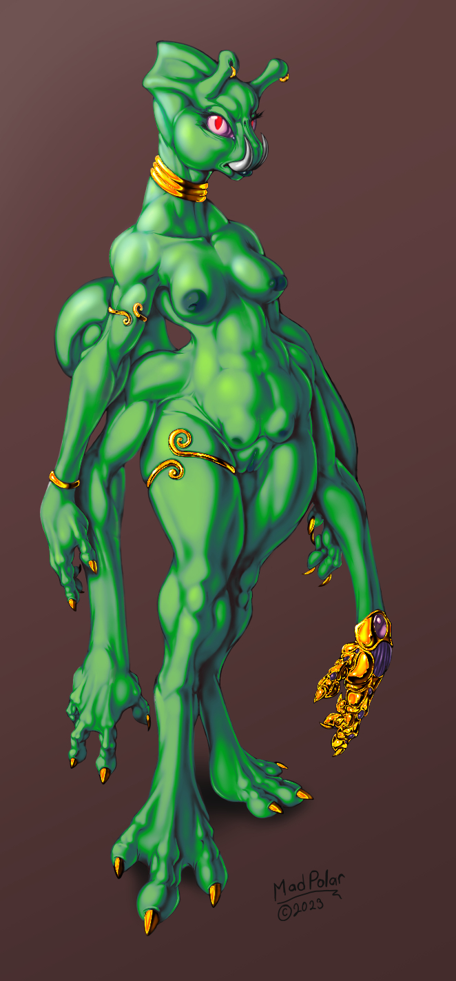 alien alien_humanoid anthro breasts female green_body hi_res humanoid jeremy_mullins jewelry multi_arm multi_limb prosthetic red_eyes solo tail