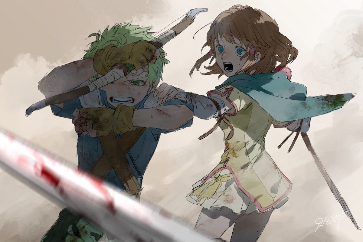 1boy 1girl 91007 battle blood bow_(weapon) brown_hair commentary_request fire_emblem fire_emblem:_path_of_radiance green_eyes green_hair hair_tubes hand_on_another's_shoulder holding holding_staff medium_hair mist_(fire_emblem) rolf_(fire_emblem) short_hair short_sleeves staff sweat weapon wince