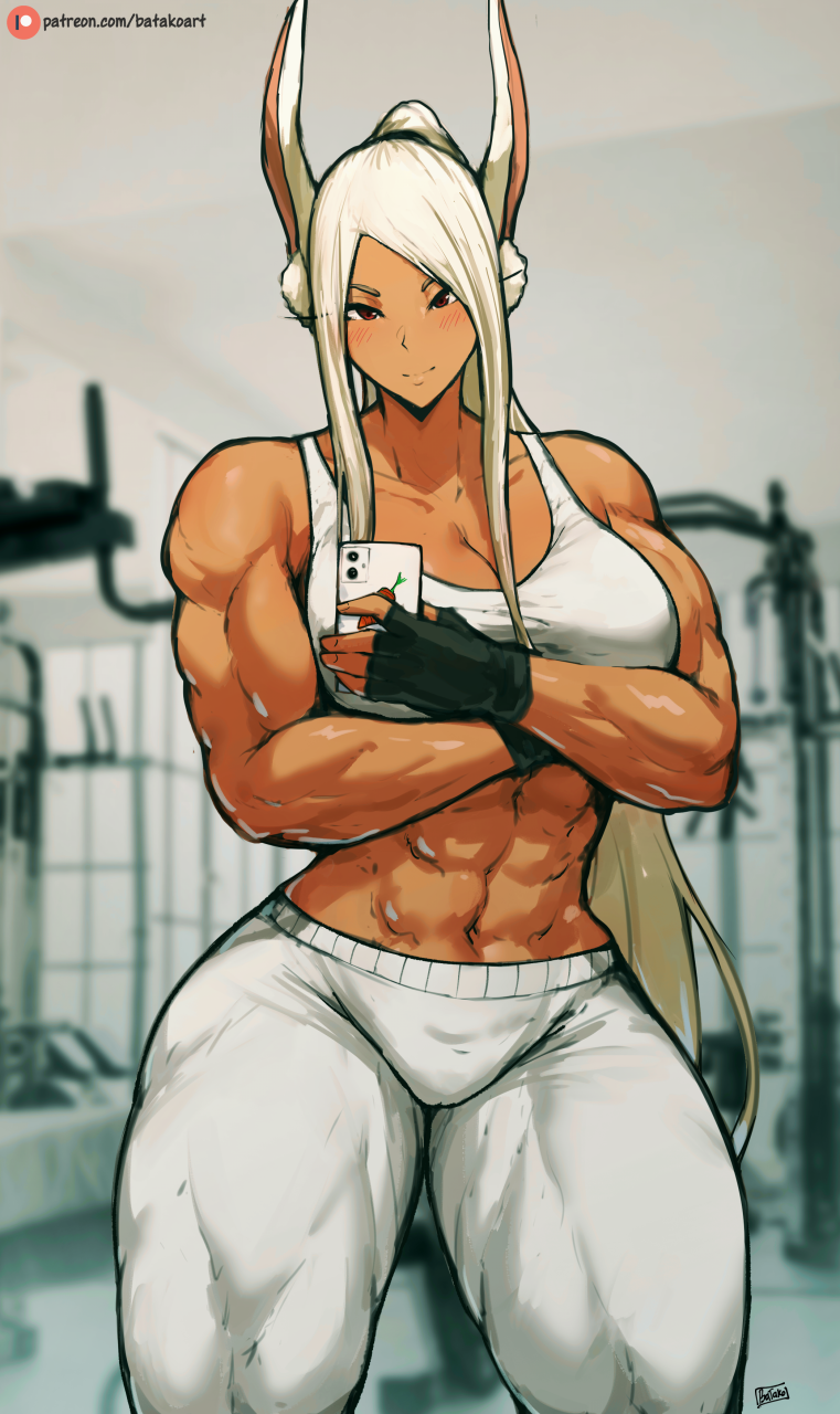 1girl abs animal_ears arms_under_breasts bare_shoulders batako_(batakoart) biceps black_gloves blurry blurry_background blush boku_no_hero_academia breasts cellphone cleavage collarbone dark-skinned_female dark_skin fingerless_gloves flexing gloves gym highres holding holding_phone indoors large_breasts long_eyelashes long_hair looking_at_viewer mirko muscular muscular_female navel pants parted_bangs patreon_username phone ponytail rabbit_ears rabbit_girl red_eyes selfie signature smartphone smile solo sports_bra stomach thick_thighs thighs tight_clothes tight_pants very_long_hair white_hair white_pants white_sports_bra yoga_pants