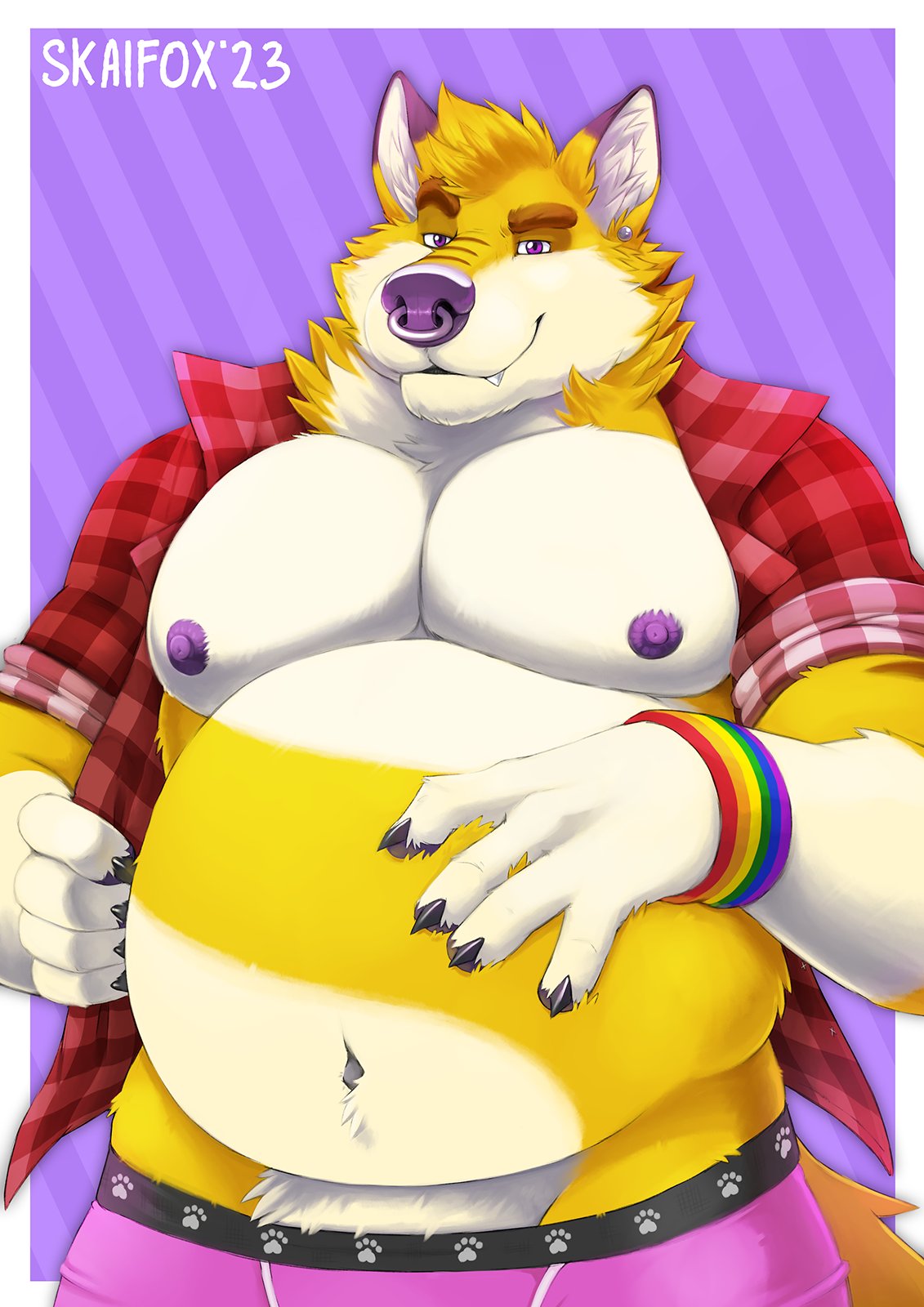 2023 anthro areola barazoku belly canid canine clothed clothing ear_piercing facial_piercing footprint fox fur half-length_portrait hi_res lgbt_pride looking_at_viewer male mammal moobs musclegut navel nipples nose_piercing open_clothing open_shirt open_topwear overweight overweight_anthro overweight_male partially_clothed pattern_clothing pawprint piercing pink_clothing pink_underwear pinup plaid plaid_clothing portrait pose pride_colors pubes purple_eyes purple_nipples rainbow_pride_colors shirt skai skaifox snaggle_tooth solo striped_body striped_fur stripes topwear underwear underwear_down wristband yellow_body yellow_fur