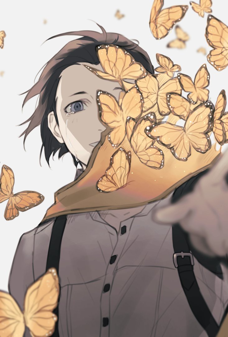 1boy black_hair blue_eyes blurry blurry_foreground bug butterfly crying grey_background looking_at_viewer male_focus mochizuki_ryouji neekosiah persona persona_3 reaching_towards_viewer scarf shirt simple_background solo tears upper_body yellow_scarf