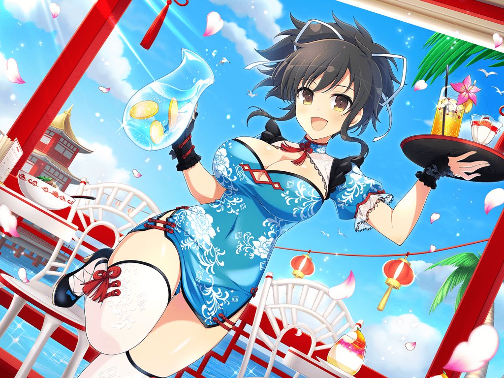 1girl animal architecture ass_visible_through_thighs asuka_(senran_kagura) bird bird_wings black_footwear black_hair blue_dress blue_sky blush bowl breasts brown_eyes brown_hair building chair china_dress chinese_clothes cleavage cleavage_cutout clothing_cutout cloud covered_navel cup day dress drink drinking_glass drinking_straw east_asian_architecture falling_petals flock floral_print flower food frilled_dress frills fruit gold_tassel hair_ribbon high_heels holding holding_food holding_tray horizon ice ice_cream ice_cube lace-trimmed_dress lace_trim lantern large_breasts lattice lemon lemon_slice light_particles linea_alba looking_at_viewer menu navel neck_tassel ocean official_alternate_costume official_art open_mouth orange_(fruit) orange_slice outdoors pagoda palm_tree paper_lantern petals pink_flower pitcher_(container) plant ponytail red_tassel restaurant ribbon seagull senran_kagura senran_kagura_new_link senran_kagura_shoujo-tachi_no_shin'ei short_hair short_ponytail short_sleeves side_slit sidelocks sky smile solo sparkle standing standing_on_one_leg sunlight table thighhighs tongue tray tree tropical_drink underboob underboob_cutout waitress water whipped_cream white_ribbon white_thighhighs wings yaegashi_nan