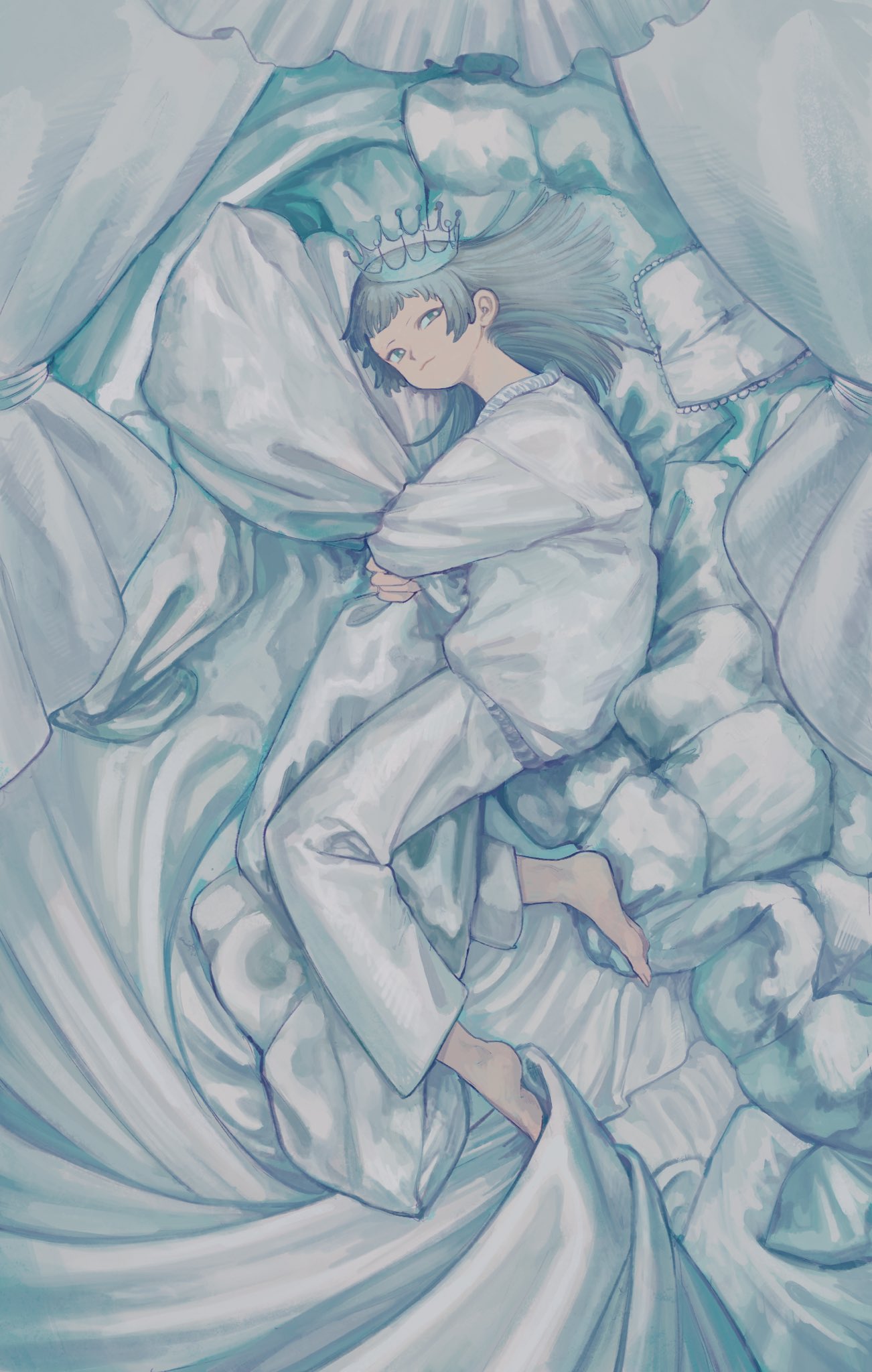 1girl :3 aqua_eyes aqua_hair artist_request barefoot bed bed_sheet comforter crown curtains frilled_pillow frills highres holding holding_pillow long_hair long_sleeves looking_to_the_side on_bed original pajamas pants pillow shirt sidelocks smile solo white_pants white_shirt