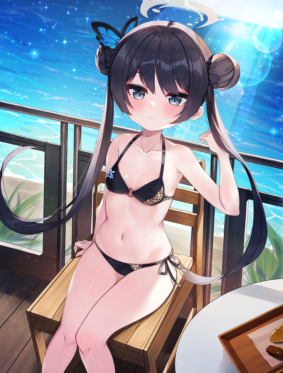 1girl 2drr ass_visible_through_thighs bare_shoulders beach bikini black_bikini black_hair blue_archive breasts butterfly_hair_ornament chair cleavage collarbone double_bun grey_eyes hair_between_eyes hair_bun hair_ornament halo halterneck highres kisaki_(blue_archive) lens_flare long_hair looking_at_viewer navel o-ring o-ring_bikini o-ring_top sitting small_breasts solo swimsuit twintails