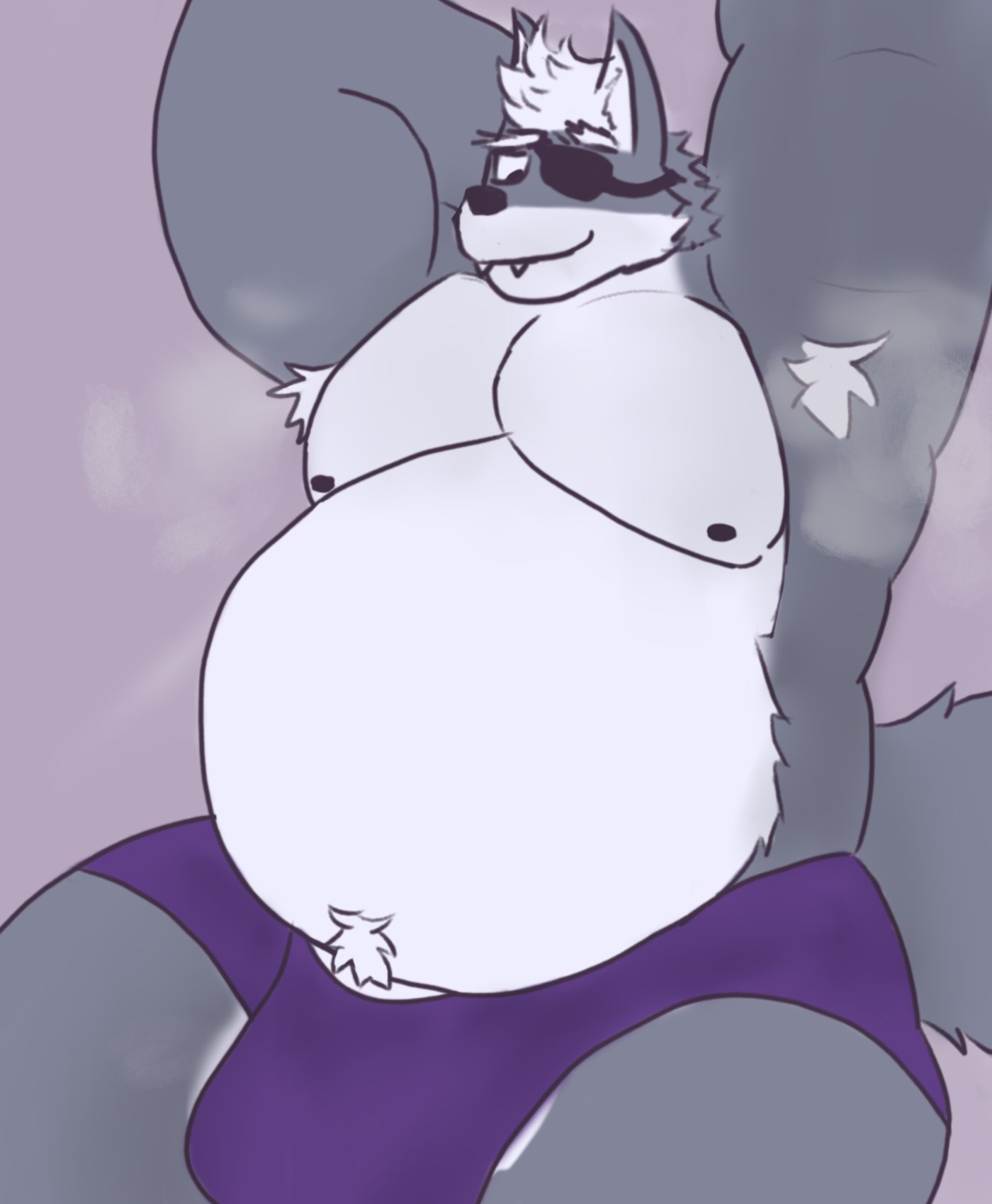 anthro armpit_hair arms_above_head belly big_belly big_bulge bigboywuff body_hair bulge canid canine canis clothing crotch_tuft eye_patch eyewear fluffy fluffy_tail hi_res male mammal musk_clouds nintendo nipples overweight overweight_male pecs solo star_fox tail teeth thick_thighs tight_underwear tuft underwear wolf wolf_o'donnell