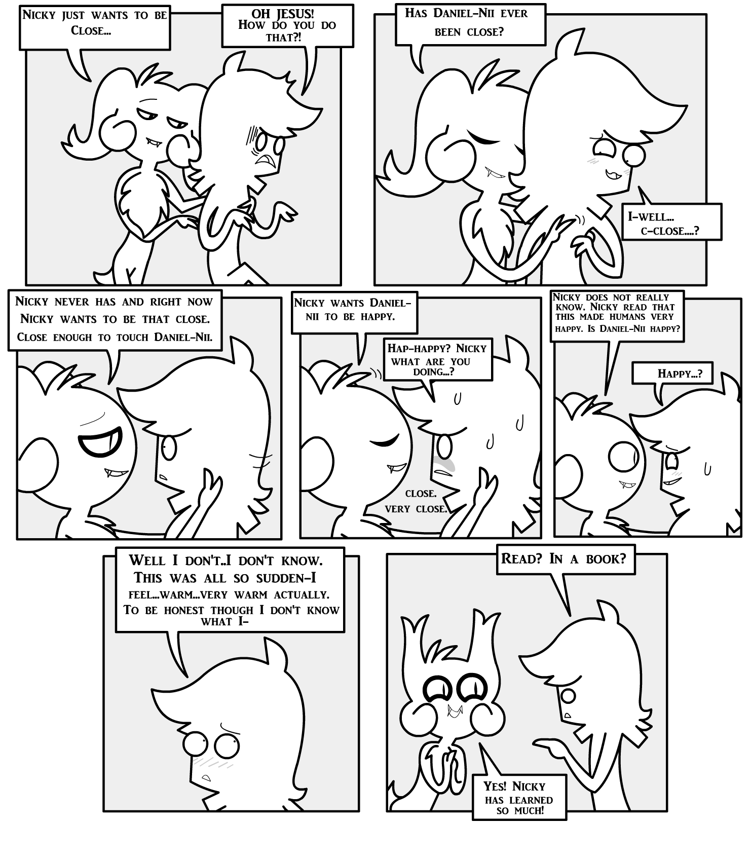 ambiguous_gender anthro bat bedroom_eyes blush blush_lines bodily_fluids border comic daniel_toke dialogue duo ears_down embrace english_text excited fangs greyscale hi_res human iconography looking_at_another looking_away male male/ambiguous mammal monochrome motion_lines narrowed_eyes nicky_(abfmh) nude overbite pivoted_ears pupils scared scut_tail seductive shane_frost short_tail slit_pupils smile speech_bubble standing sweat sweatdrop tail teeth text white_border