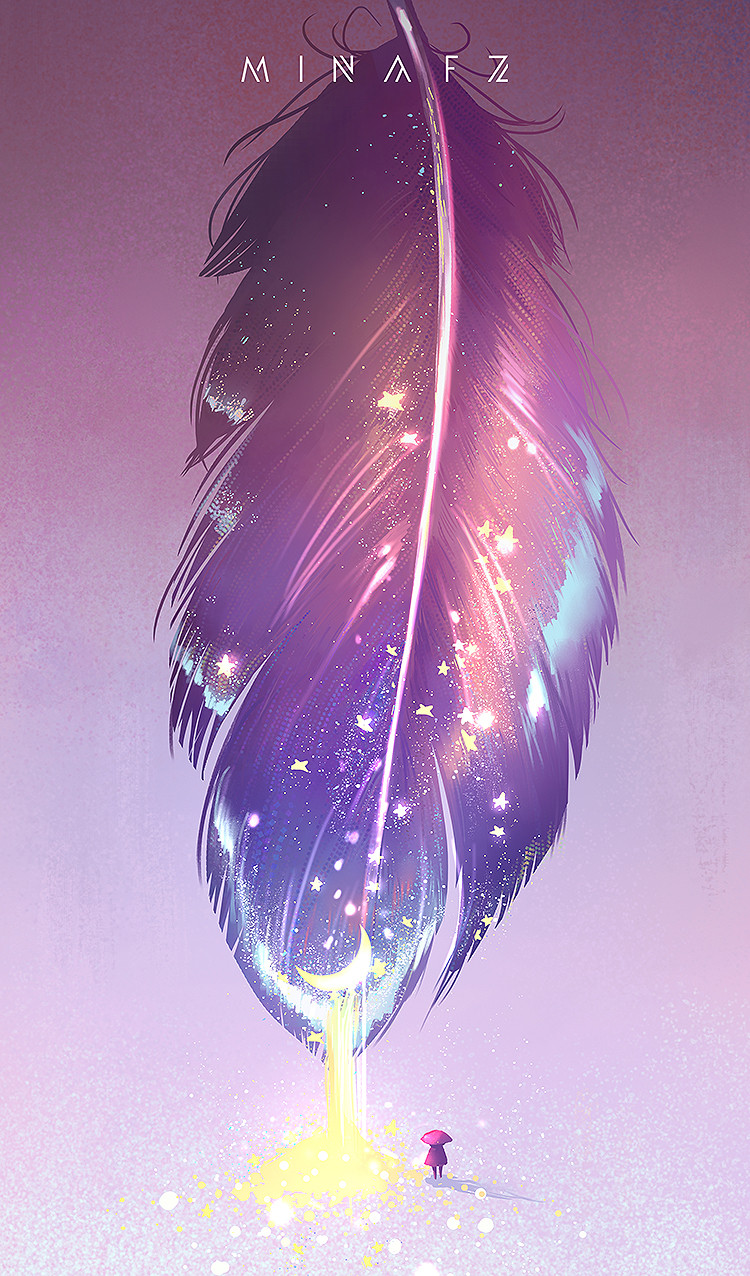 artist_name commentary creature crescent english_commentary feathers gradient_background highres mina_fz. no_humans object_focus original oversized_object purple_background spill star_(symbol)