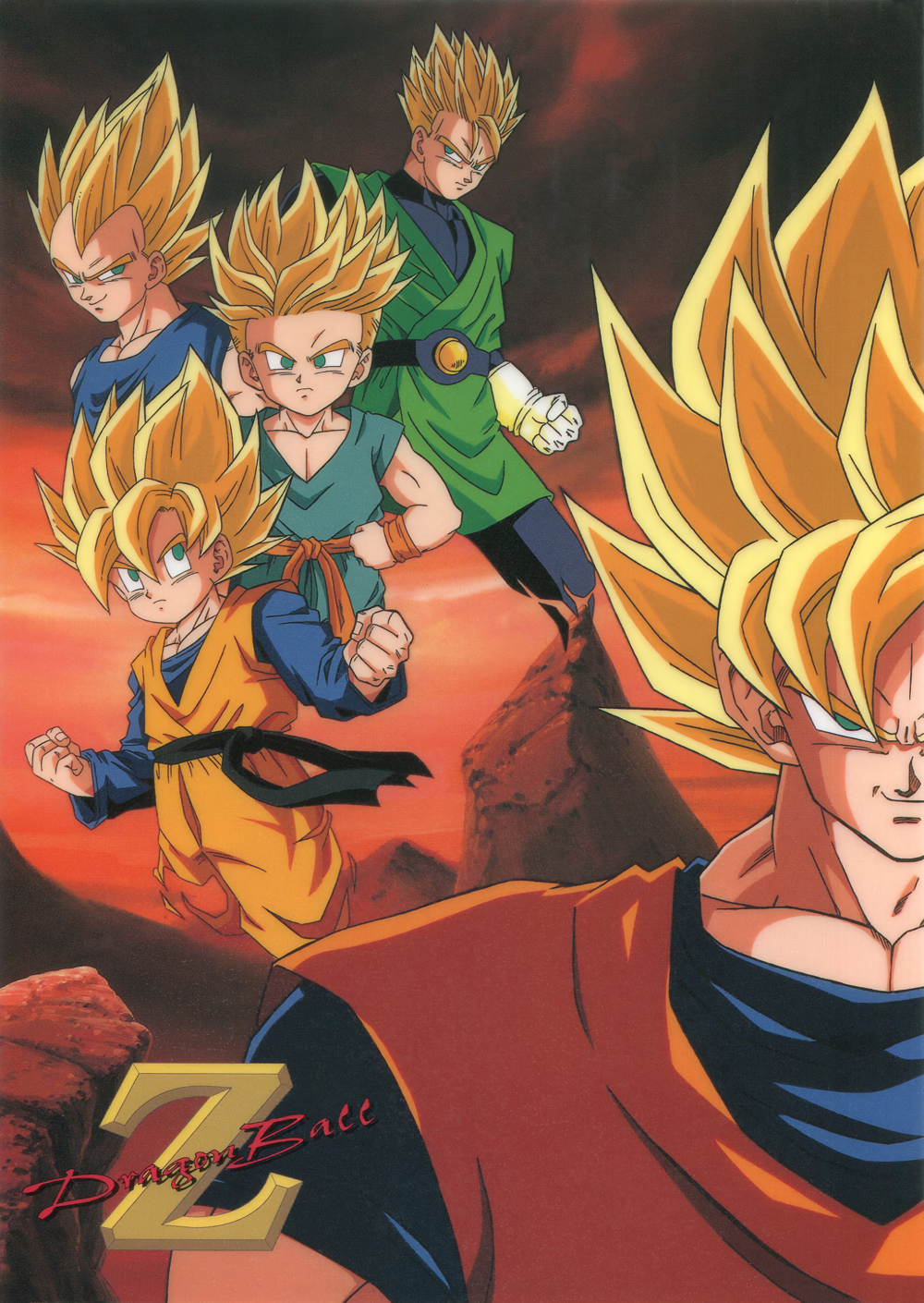 1990s_(style) aqua_eyes blonde_hair clenched_hands copyright_name day dougi dragon_ball dragon_ball_z father_and_son gloves highres long_sleeves looking_at_viewer male_focus muscular muscular_male non-web_source official_art outdoors retro_artstyle saiyan scan serious smile son_gohan son_goku son_goten spiked_hair super_saiyan super_saiyan_1 trunks_(dragon_ball) vegeta widow's_peak wristband