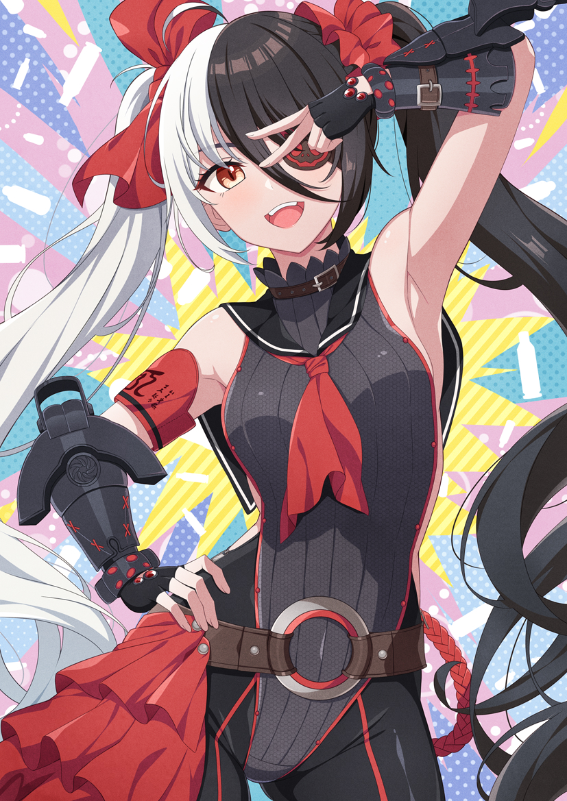 1girl ahoge arm_up armpits bare_shoulders belt black_gloves black_hair black_leotard black_pants black_sailor_collar blade_&amp;_soul bow breasts cowboy_shot eyepatch fingerless_gloves gloves hair_between_eyes hair_bow hair_ornament hair_scrunchie hand_on_own_hip leotard long_hair looking_at_viewer multicolored_hair neckerchief open_mouth pants pohwaran red_eyes ribbed_leotard rin_ateria sailor_collar scrunchie sideless_outfit smile solo split-color_hair standing twintails two-tone_hair v v-shaped_eyebrows very_long_hair white_hair