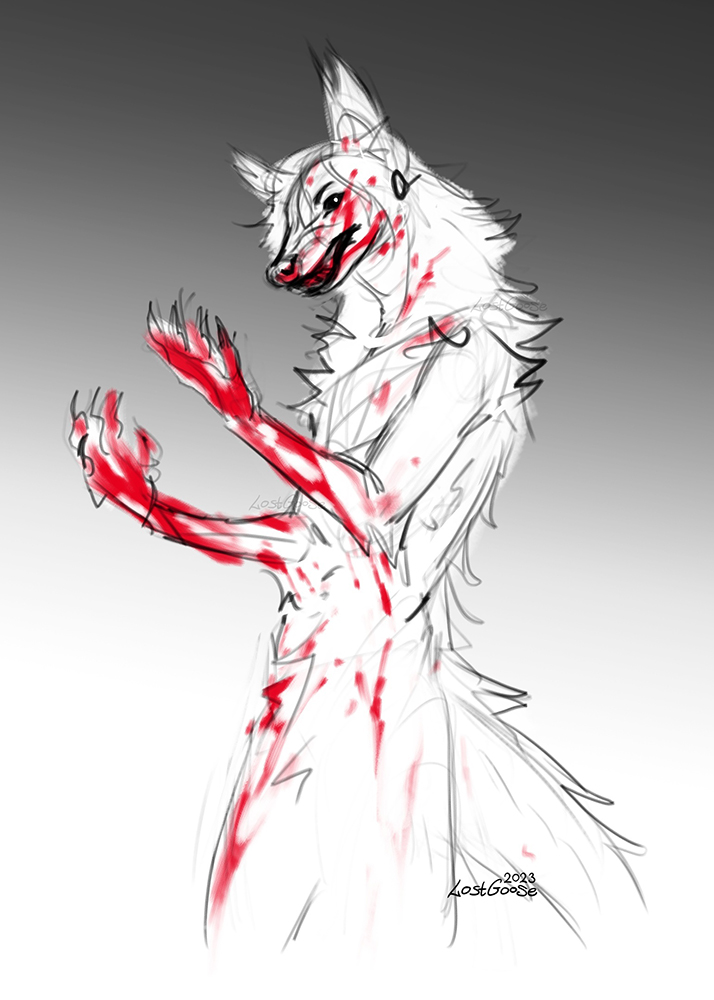 anthro back_tuft beady_eyes blood blood_on_arm blood_on_face blood_on_hand blood_on_leg bodily_fluids chest_tuft crotch_tuft featureless_crotch gradient_background inner_ear_fluff lostgoose male neck_tuft nude partially_colored portrait simple_background sketch solo standing three-quarter_portrait tuft