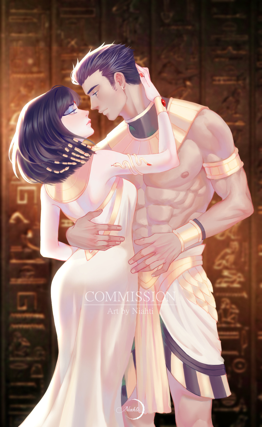 1boy 1girl abs aged_up arm_around_waist batman_(series) black_hair cleopatra damian_wayne dc_comics dress egyptian egyptian_clothes face-to-face hand_on_another's_head hetero highres long_dress makeup muscular muscular_male niahti raven_(dc) red_nails robin_(dc) teen_titans topless_male usekh_collar white_dress