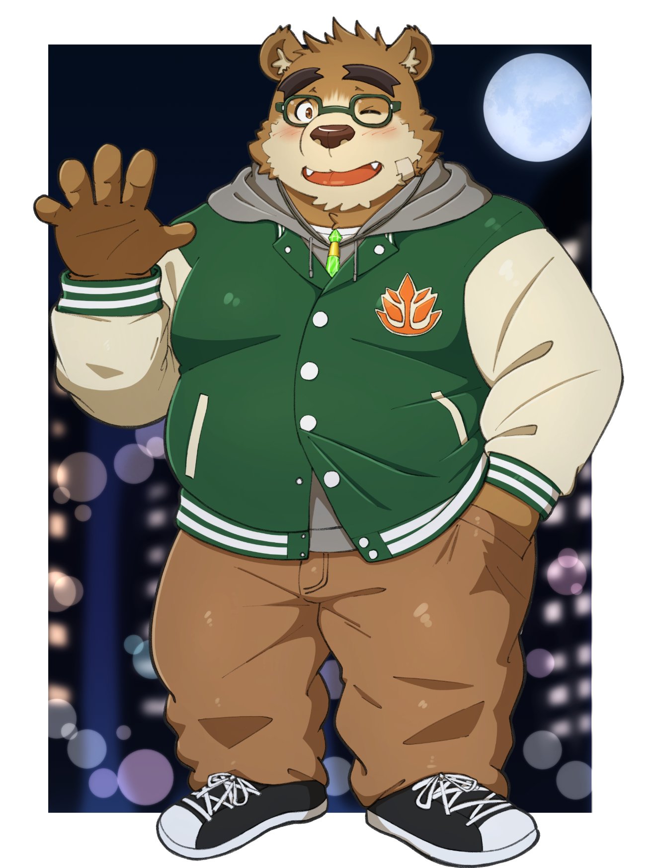 2023 anthro bear blush bottomwear brown_body brown_fur clothing fur hi_res hoodie humanoid_hands kemono lifewonders male mammal moon overweight overweight_male pants solo tokyo_afterschool_summoners topwear volos yaki_atsuage