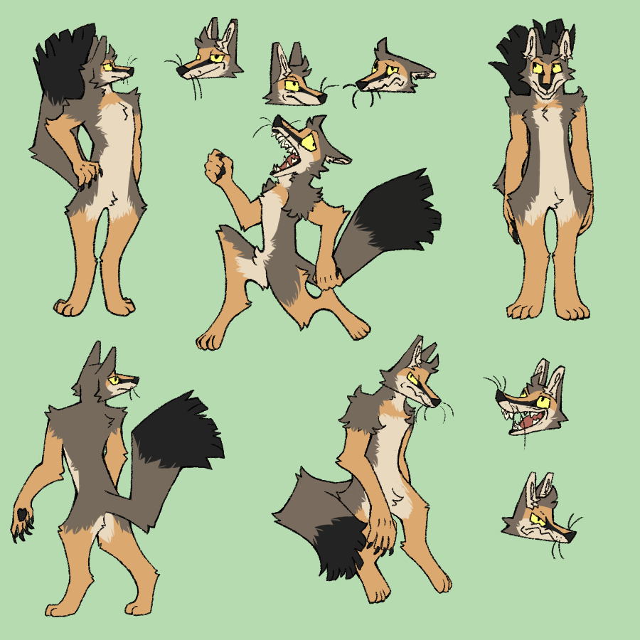 anthro canid canine feralasar fluffy fluffy_tail fox green_background male mammal model_sheet natural_colors short_male simple_background size_difference skinny_male smaller_male solo swift_fox tail twostepstanley yellow_eyes