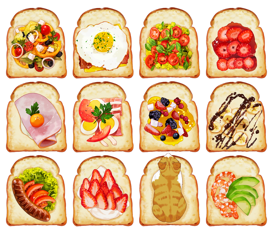 animal_focus avocado bacon banana bell_pepper cat cheese cherry_tomato chocolate_syrup food food_focus fried_egg fried_egg_on_toast from_above fruit garnish ham hardboiled_egg herb honey jam korean_commentary lettuce no_humans olive on_food onion original salad sausage shrimp simple_background slothm22 strawberry toast tomato whipped_cream white_background
