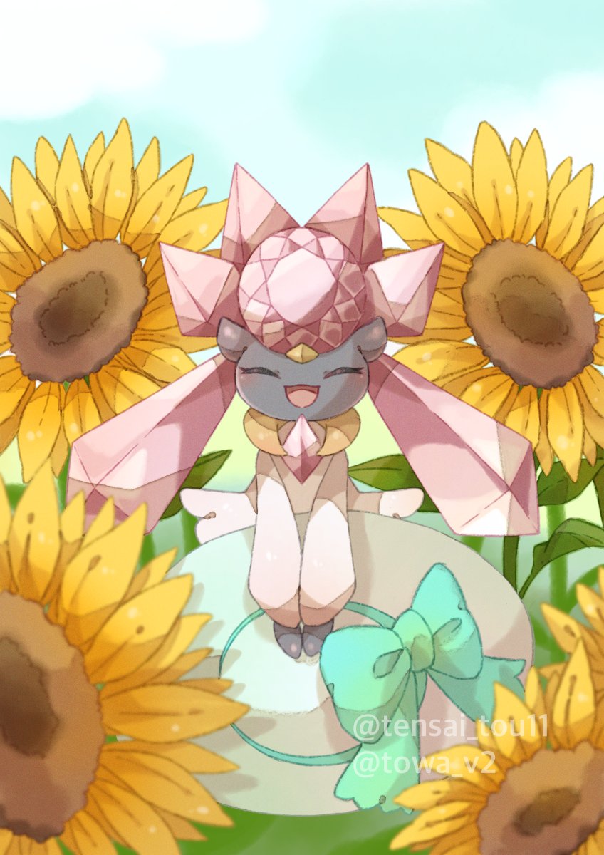 :d animal_focus artist_name blue_sky bow closed_eyes cloud colored_skin commentary_request crystal crystal_hair diancie flower green_bow grey_skin hat highres holding holding_clothes holding_hat no_humans open_mouth pokemon pokemon_(creature) sky smile sun_hat sunflower towa_(clonea)