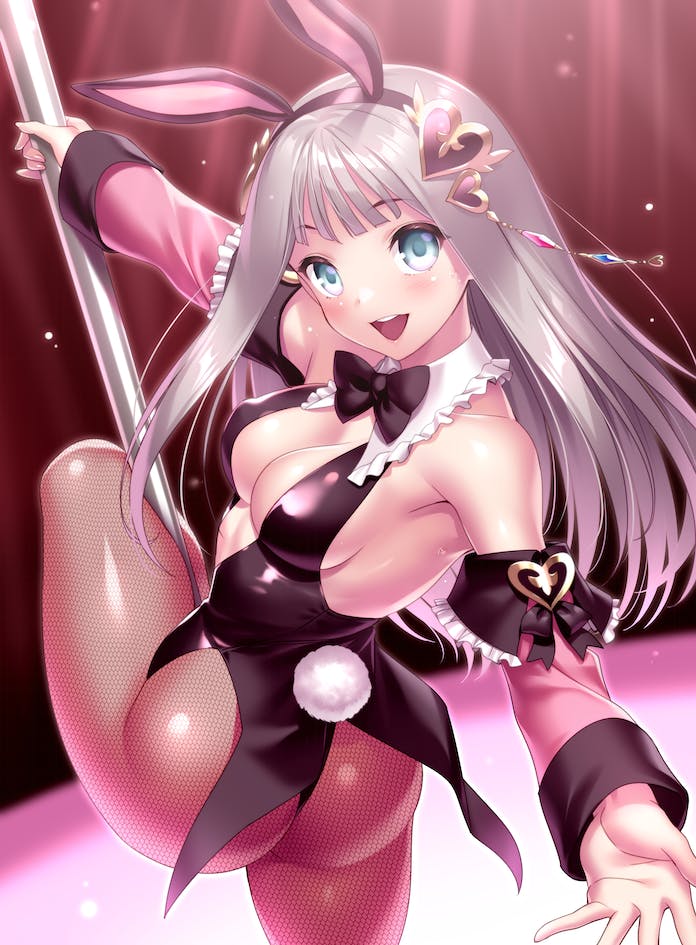 1girl :d alternate_costume animal_ears ass atelier_(series) atelier_lulua bare_shoulders black_bow black_bowtie black_leotard blunt_bangs blurry blurry_background blush bow bowtie breasts cleavage collar commentary commission curvy detached_sleeves elmerulia_fryxell english_commentary fake_animal_ears fake_tail fishnet_pantyhose fishnets floating_hair frilled_collar frilled_sleeves frills green_eyes grey_hair hair_ornament heart heart_hair_ornament holding holding_pole leg_up leotard long_hair long_sleeves looking_at_viewer medium_breasts no_bra open_mouth outstretched_arms pantyhose pink_sleeves playboy_bunny pole pole_dancing rabbit_ears rabbit_tail red_background shiny_skin sideboob simple_background skeb_commission smile solo straight_hair tail twisted_torso white_collar wing_collar zen_(kamuro)