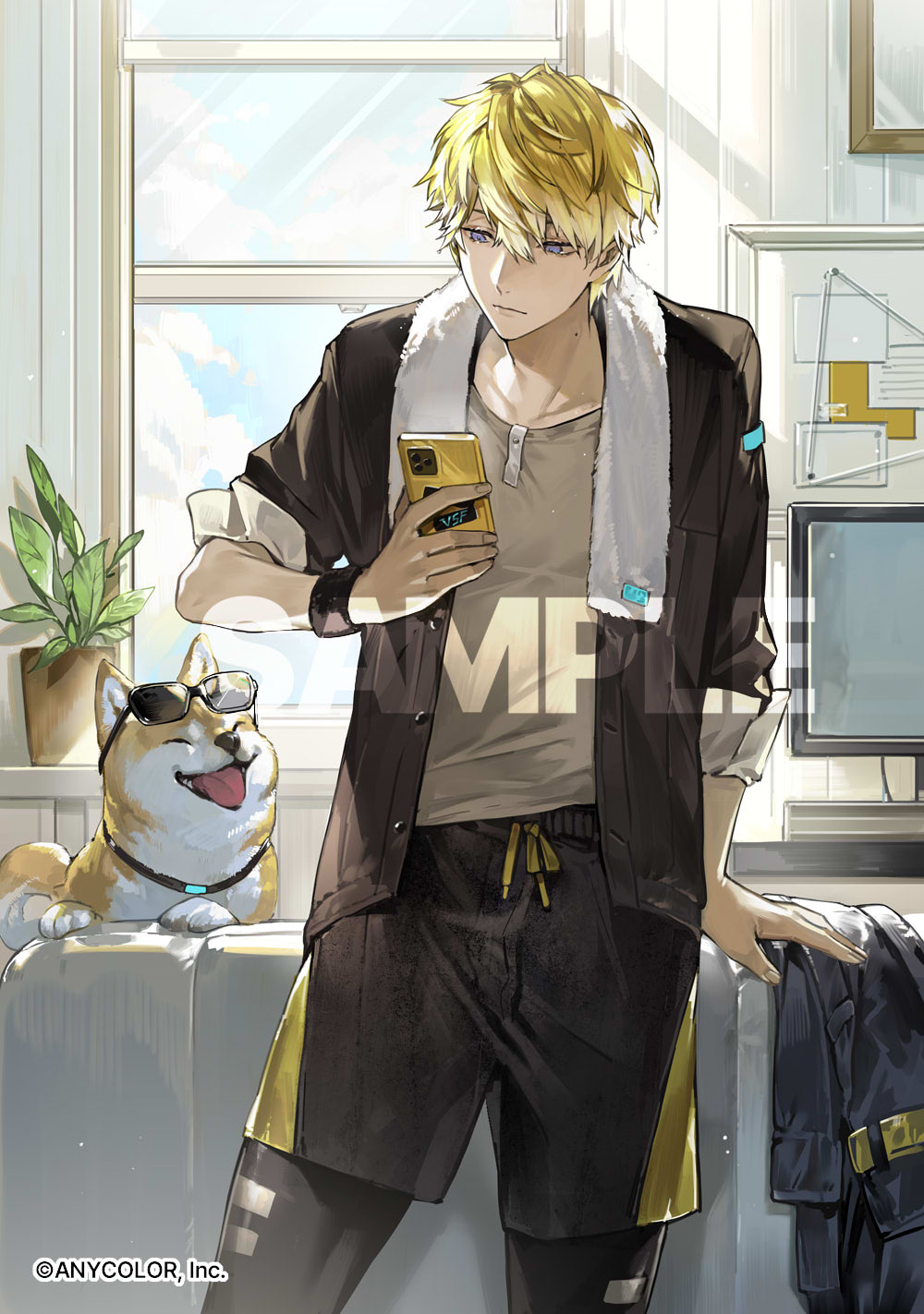 1boy black_jacket black_leggings black_shorts blonde_hair bokyo bulletin_board cellphone closed_mouth cloud computer copyright couch cowboy_shot day dog expressionless grey_shirt hair_between_eyes highres holding holding_phone indoors jacket jacket_removed leggings looking_at_phone male_focus mole mole_on_neck monitor nijisanji nijisanji_en official_art open_clothes open_jacket phone picture_frame plant potted_plant purple_eyes sample_watermark shiba_inu shirt short_hair shorts sleeves_rolled_up smartphone solo sonny_brisko standing string_chart sunglasses towel towel_around_neck virtual_youtuber window wristband