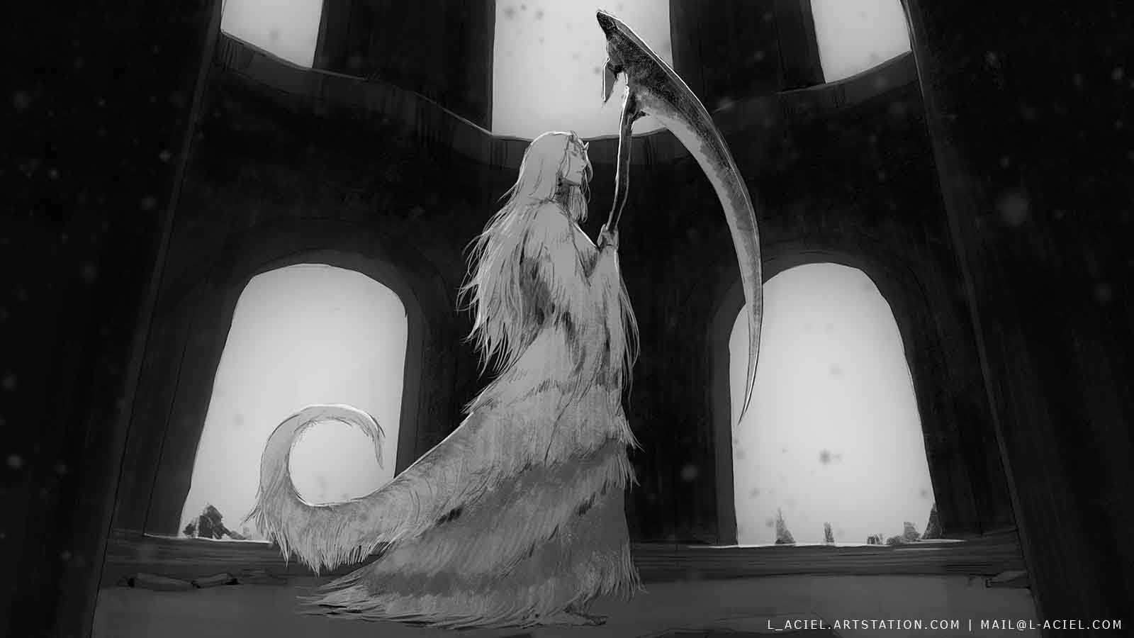 1girl closed_eyes dark_souls_(series) dark_souls_i dragon_girl highres holding holding_scythe horns l_aciel long_hair monochrome monster_girl outdoors priscilla_the_crossbreed scythe snowing solo tail