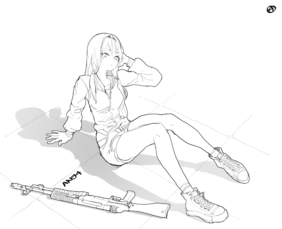 1girl adjusting_hair an-94 an-94_(girls'_frontline) assault_rifle casual circle_a commentary_request full_body girls'_frontline grey_scarf gun hairband jacket long_hair looking_at_viewer on_ground rifle scarf shadow shoes shorts sitting sketch sneakers solo weapon