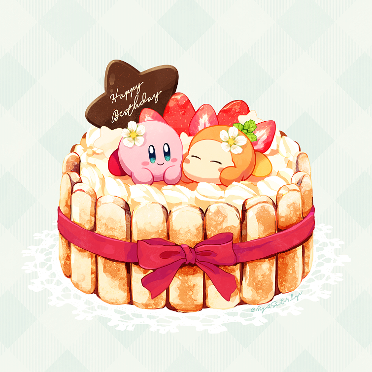 ^_^ argyle argyle_background artist_name blue_eyes blush blush_stickers bow cake charlotte_cake closed_eyes closed_mouth commentary_request cookie flower food fruit grey_background happy_birthday icing kirby kirby_(series) kotori_(lycka) looking_at_viewer lying mint no_humans on_food on_stomach red_bow red_ribbon ribbon simple_background smile star-shaped_cookie star_(symbol) strawberry strawberry_slice twitter_username waddle_dee white_flower