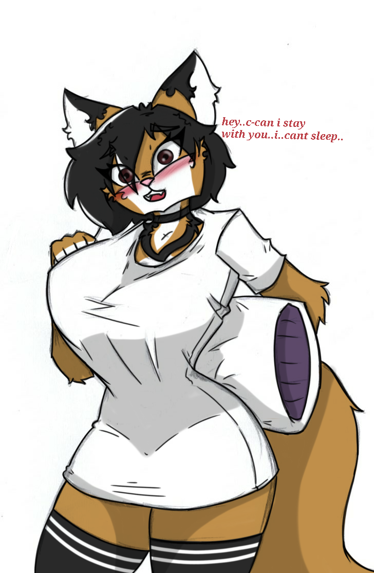 anthro arm_tuft baggy_clothing baggy_shirt baggy_topwear big_breasts big_tail black_hair blush breasts brown_eyes clothing curvy_figure dialogue dipstick_ears domestic_cat elbow_tuft felid feline felis female hair hand_on_own_breast holding_object holding_pillow hourglass_figure huge_breasts legwear looking_at_viewer mammal maxine_boulevard multicolored_ears open_mouth oversized_shirt pace-maker pillow shirt simple_background small_waist solo standing tail talking_to_viewer thick_thighs thigh_highs tomboy topwear tuft white_background wide_hips