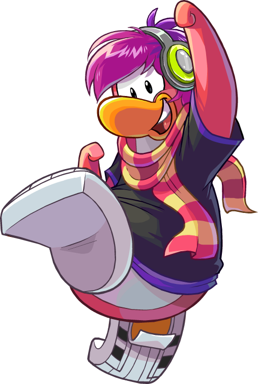 alpha_channel avian bird black_clothing black_shirt black_topwear clothing club_penguin dj_cadence female footwear full-length_portrait hair headphones looking_at_viewer multicolored_scarf official_art open_mouth pattern_clothing pattern_scarf penguin pink_hair pink_scarf portrait scarf shirt shoes short_hair short_sleeved_shirt short_sleeves solo striped_clothing striped_scarf stripes topwear two_tone_scarf unknown_artist upper_teeth_only white_clothing white_footwear yellow_scarf