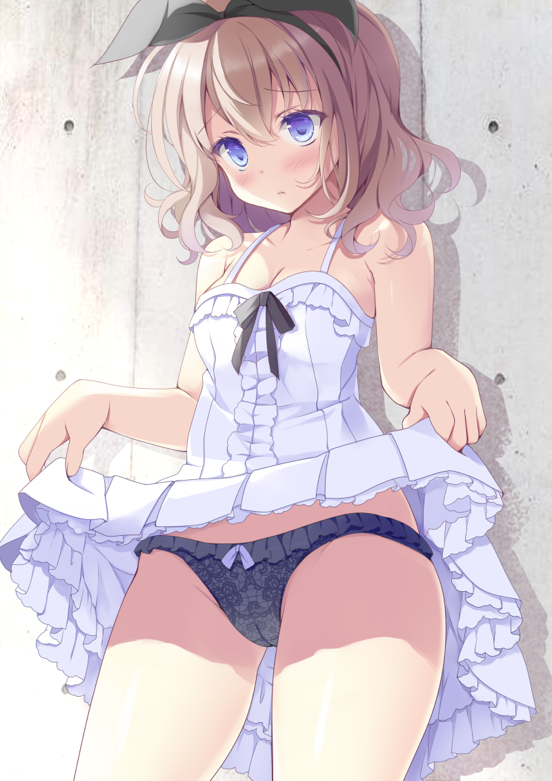 1girl black_panties black_ribbon blue_eyes blush bow bow_panties breasts brown_hair closed_mouth clothes_lift commentary cowboy_shot crotch_seam dress dress_lift frilled_dress frilled_panties frills frown hair_ribbon hoshino_koucha lifted_by_self light_frown looking_to_the_side medium_hair mudan_tensai_wa_yurushimasen! panties parted_lips print_panties ribbon shadow short_dress small_breasts solo spaghetti_strap standing sundress underwear wavy_hair white_dress yumehiko