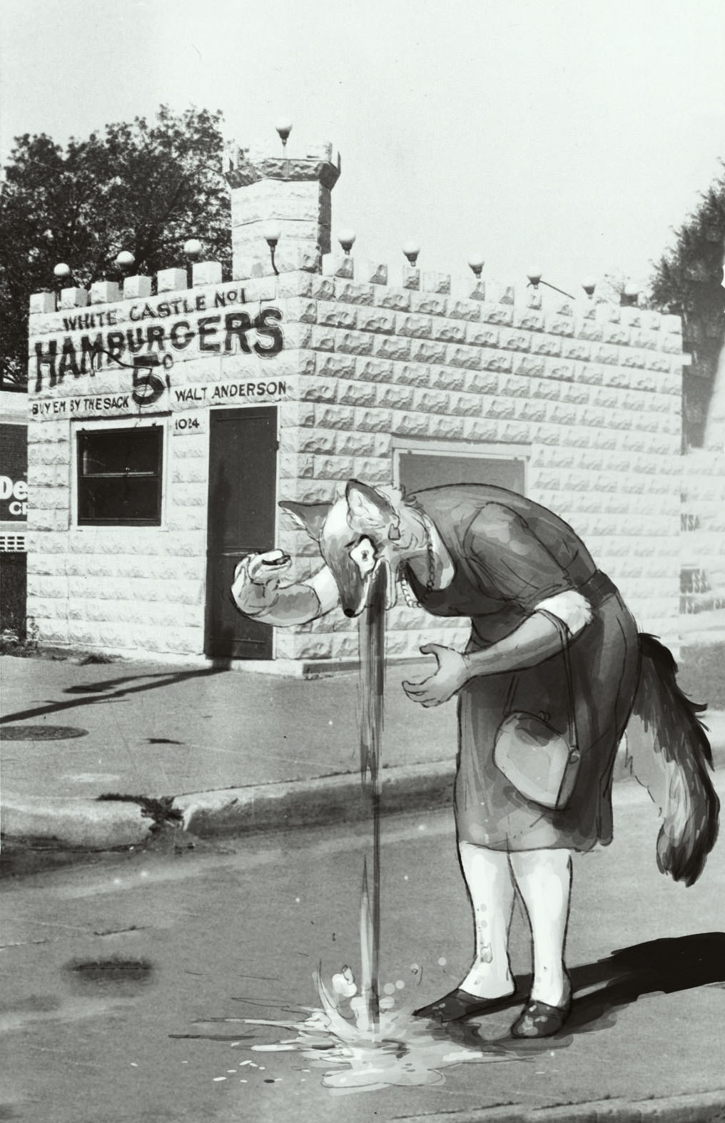 1920s 2022 anthro bent_over black_and_white bodily_fluids burger canid canine castle cettus clothing dress english_text female food fox handbag hi_res ilona_spruyterveldt jewelry mammal monochrome necklace outside photo_background photography_(artwork) plant road sidewalk sky solo standing street text tree vomit white_castle