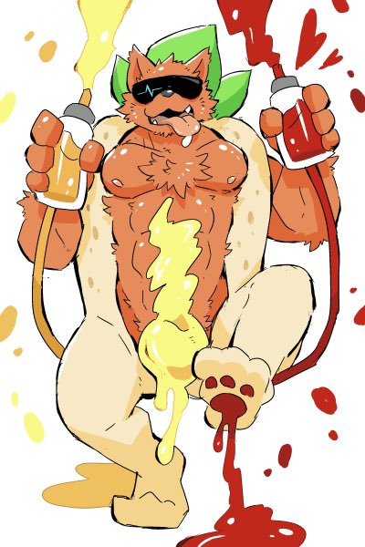 abs anthro canid canine canis doggiemonkey domestic_dog eyewear food hot_dog hot_dog_bun humor ketchup male mammal muscular muscular_anthro muscular_male mustard nipples pawpads pecs solo sunglasses