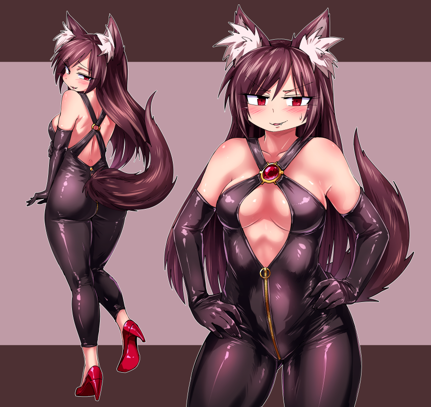 1girl alternate_costume animal_ear_fluff animal_ears ass back black_gloves black_overalls blush breasts brown_background brown_hair commentary_request commission contrapposto cowboy_shot elbow_gloves full_body gloves hair_between_eyes hands_on_own_hips high_heels imaizumi_kagerou long_hair looking_at_viewer looking_back medium_bangs medium_breasts multicolored_hair multiple_views open_mouth outline overalls red_eyes red_footwear shimizu_pem shiny_skin skeb_commission smile standing tail touhou two-tone_hair v-shaped_eyebrows white_outline wolf_ears wolf_girl wolf_tail zipper