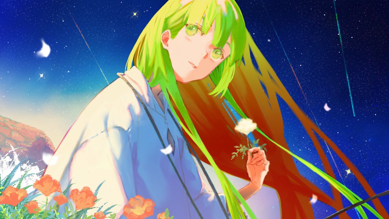 1other alternate_hair_color androgynous enkidu_(fate) fate/grand_order fate_(series) flower gradient_hair grass green_eyes green_hair holding holding_flower long_hair long_sleeves looking_to_the_side multicolored_hair natori_(na_to_ri_e) night night_sky outdoors parted_lips petals pink_flower red_hair robe rock shooting_star sky solo star_(sky) starry_sky two-tone_hair white_flower white_robe wind