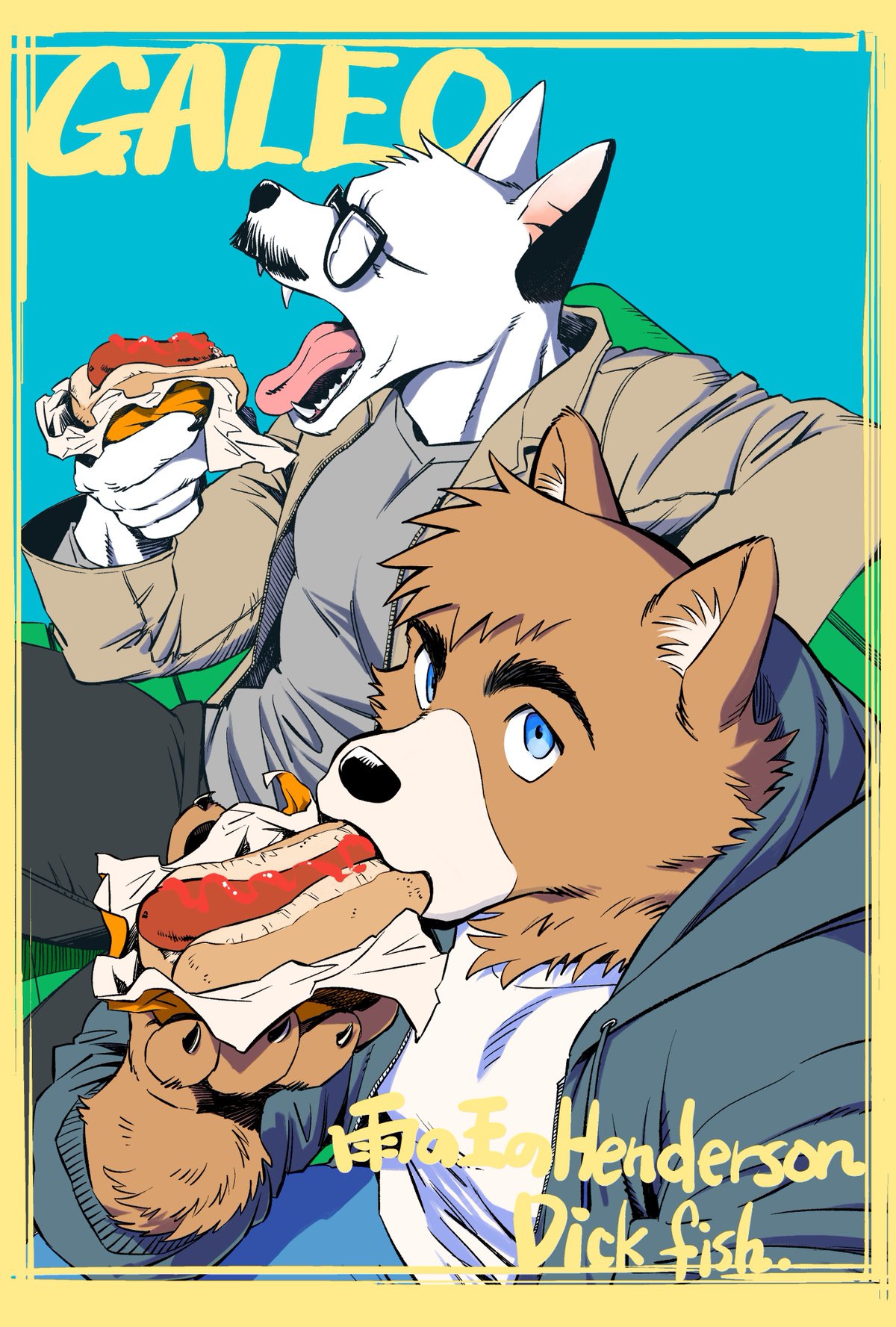 2boys bara billy_russell_(dickfish) brown_fur cover cover_page dickfish_(fishismdick) dog_boy doujin_cover eating facial_hair fluffy food from_above furrification furrowed_brow furry furry_male glasses highres holding holding_food hood hood_down hooded_jacket jacket john_rottweil_(dickfish) large_pectorals looking_at_viewer male_focus mature_male multiple_boys muscular muscular_male mustache open_clothes open_jacket original pectorals sandwich sausage short_hair translation_request upper_body white_fur yarofes:2023 yawning