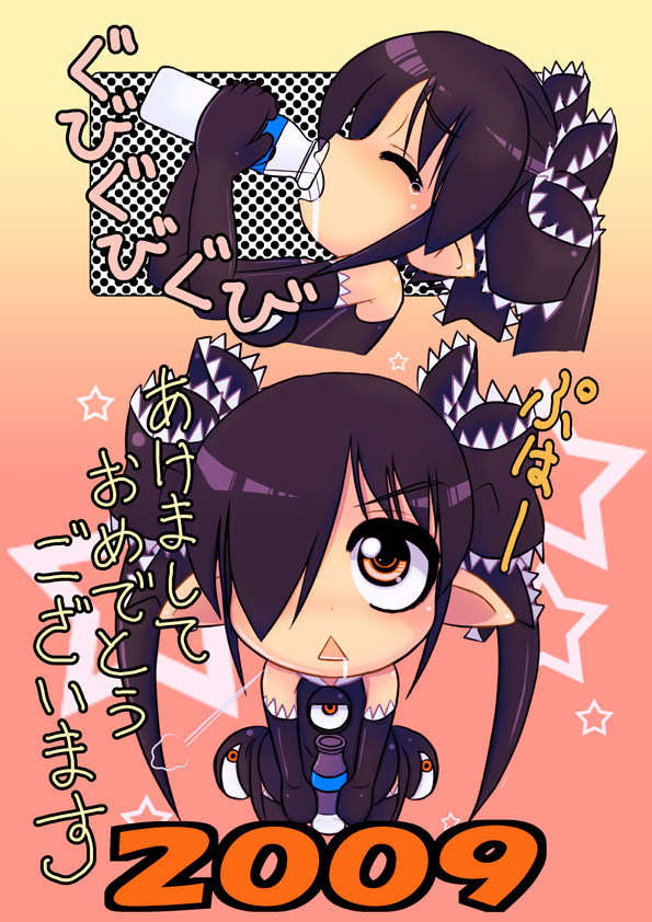1girl 2009 =3 backbeako backbeard black_dress black_footwear black_gloves black_hair black_ribbon black_thighhighs blush bottle closed_eyes commentary_request dated dress drinking elbow_gloves gegege_no_kitarou gloves gradient_background hair_over_one_eye hair_ribbon happy_new_year holding holding_bottle kneeling long_hair looking_at_viewer looking_up milk milk_bottle multiple_views one_eye_closed open_mouth original pink_background pointy_ears red_eyes ribbon shoes simple_background sleeveless sleeveless_dress sound_effects star_(symbol) tears thighhighs torotei translation_request twintails yellow_background