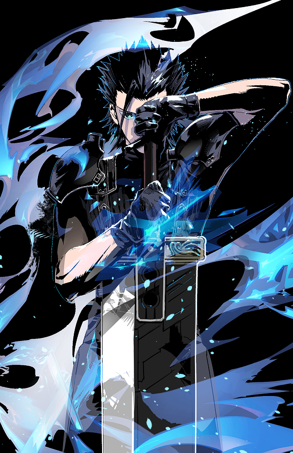 1boy armor black_background black_gloves black_hair black_pants blue_eyes buster_sword cofffee cowboy_shot crisis_core_final_fantasy_vii final_fantasy final_fantasy_vii final_fantasy_vii_remake forehead gloves hair_pulled_back hand_up holding holding_sword holding_weapon huge_weapon light_particles looking_at_viewer male_focus pants shadow short_hair shoulder_armor sleeveless sleeveless_turtleneck solo spiked_hair suspenders sweater sword toned turtleneck turtleneck_sweater weapon zack_fair