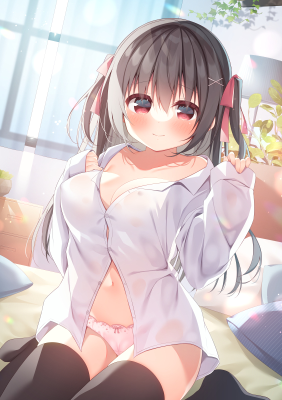 1girl black_hair black_thighhighs blush bow bow_panties breasts cleavage closed_mouth collarbone collared_shirt commentary_request curtains dress_shirt hair_between_eyes hair_bow hair_ornament hanamiya_natsuka hands_up long_sleeves looking_at_viewer medium_breasts navel original panties pillow pinching_sleeves red_bow red_eyes shirt sitting sleeves_past_wrists smile solo thighhighs transparent two_side_up underwear wariza white_panties white_shirt window x_hair_ornament