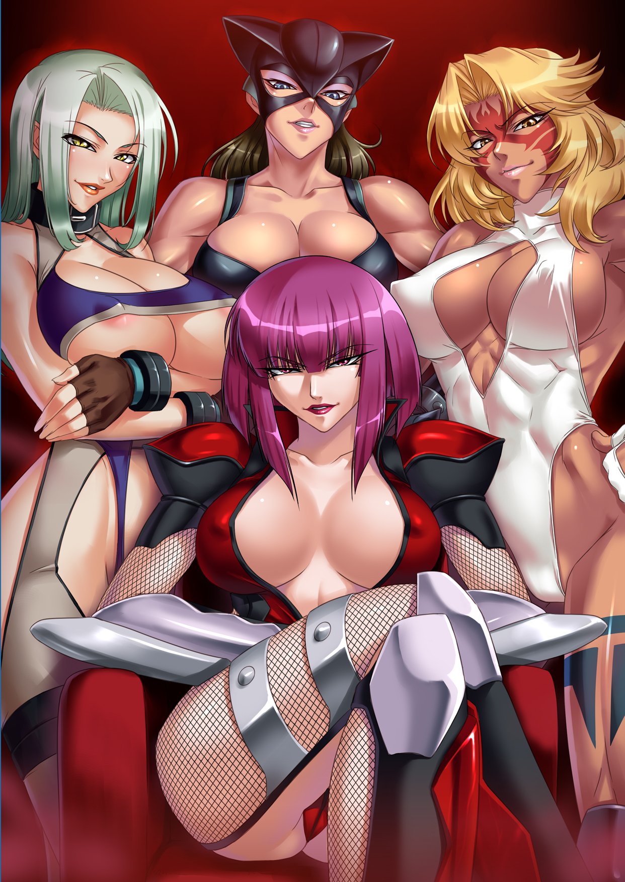 4girls abs animal_ears areola_slip armor artbook black_hair blue_eyes blunt_bangs blush bob_cut bodysuit boots bracelet breast_hold breasts cameltoe cat_ears cleavage cleavage_cutout clothing_cutout collar covered_nipples crossed_arms crossed_legs curvy dark-skinned_female dark_skin elbow_gloves everyone eyeshadow facepaint facial_mark fake_animal_ears fingerless_gloves fishnets fukumen_sugata_no_onna_senshi garter_straps gloves green_hair grin hands_on_hips highleg highleg_leotard highres huge_breasts jewelry kagami_hirotaka knee_boots leotard lips long_hair looking_at_viewer makeup mature_female multiple_girls muscular muscular_female naughty_face no_bra nuye oboro_(taimanin_asagi) official_art open_bodysuit open_clothes open_shirt power_lady purple_eyes purple_hair shirt short_hair sitting skin_tight smile snake_lady spiked_bracelet spikes taimanin_(series) taimanin_asagi tattoo thighhighs thighs turtleneck underboob wrestler yellow_eyes