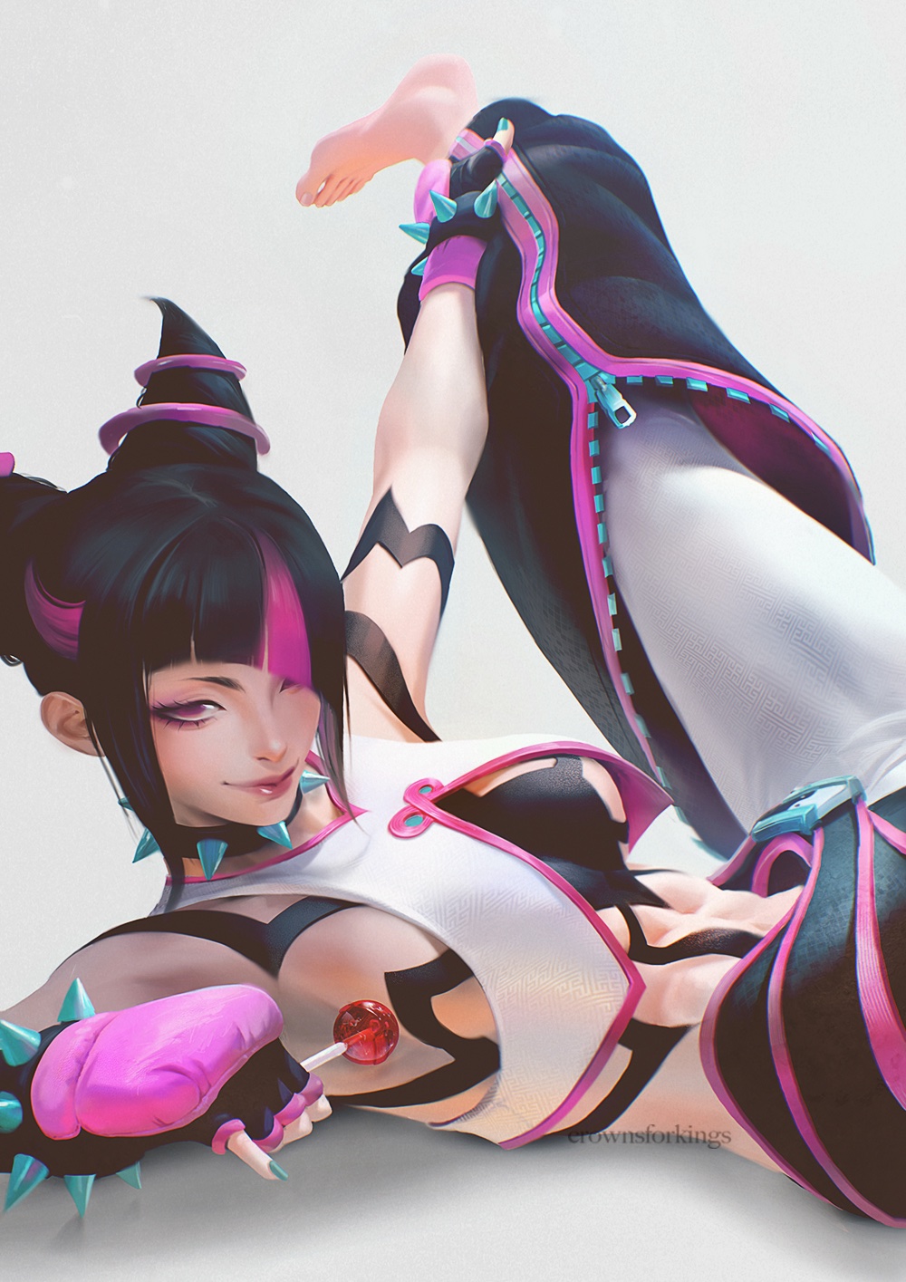 1girl abs aqua_nails artist_name baggy_pants barefoot belt black_hair bracelet breasts candy chaps chinese_clothes collar commentary diagonal_bangs dudou english_commentary eyeshadow fingerless_gloves food foot_out_of_frame gloves hair_horns hair_over_one_eye han_juri highres holding holding_candy holding_food holding_lollipop jewelry large_breasts lollipop looking_at_viewer lying makeup multicolored_hair nail_polish on_back pants partially_unzipped purple_eyes purple_eyeshadow purple_hair shadow shirt short_hair sideboob sidelocks simple_background smile solo spiked_bracelet spiked_collar spikes spread_legs stomach streaked_hair street_fighter street_fighter_6 two-tone_hair v-shaped_eyebrows white_background white_pants white_shirt zipper zoe_(crownsforkings)
