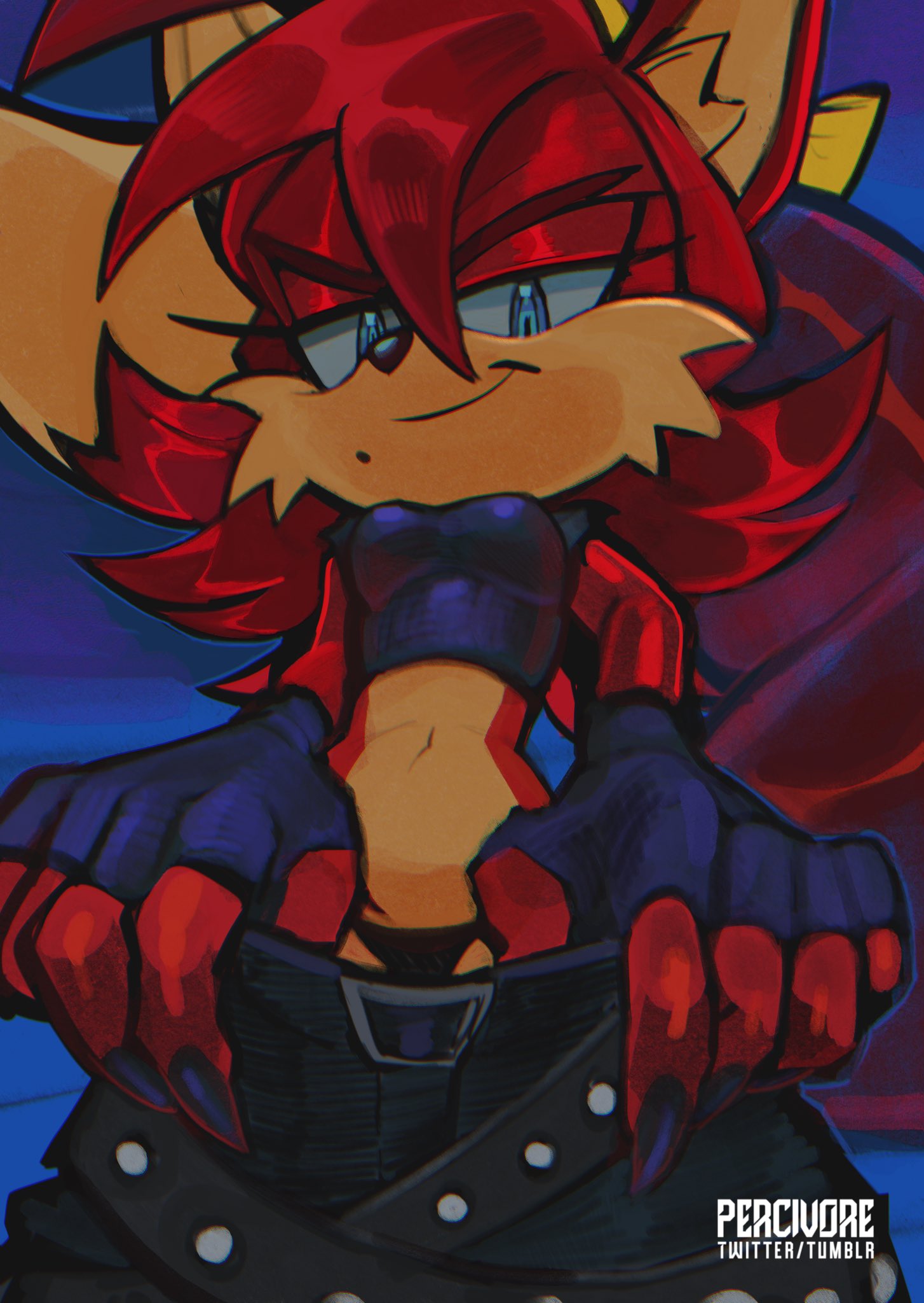 archie_comics blue_eyes bottomwear bottomwear_pull canid canine clothing clothing_pull crop_top female fiona_fox fluffy fluffy_tail fox hi_res long_nails mammal markings mole_(marking) multiple_belts navel pants pants_pull percivore sega shirt smile smiling_at_viewer smirk smirking_at_viewer solo sonic_the_hedgehog_(archie) sonic_the_hedgehog_(comics) sonic_the_hedgehog_(series) tail topwear yellow_ribbon