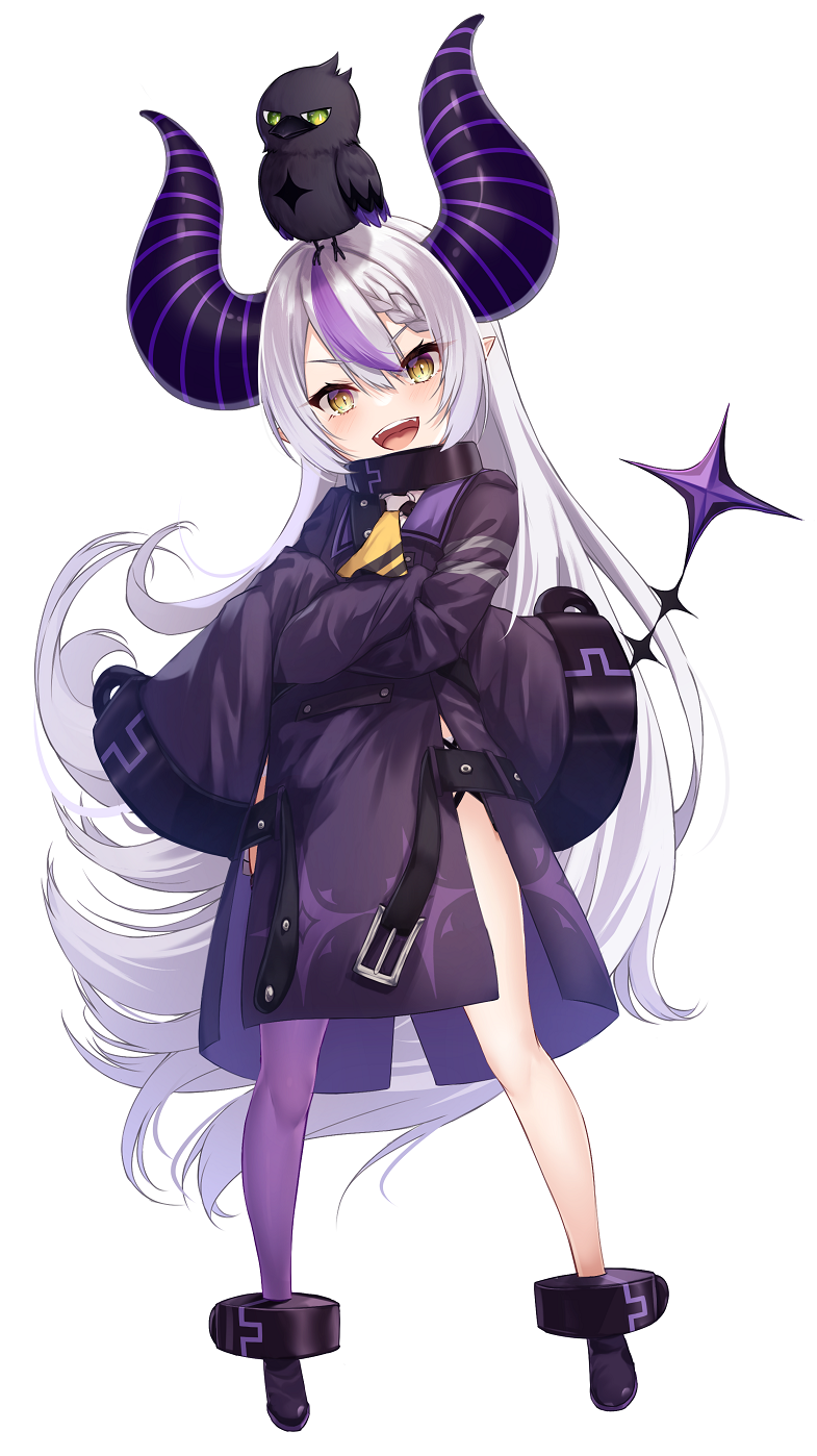 1girl ahoge animal_on_head ankle_cuffs ascot belt bird bird_on_head black_horns braid braided_bangs coat coat_dress collar crow_(la+_darknesss) highres hololive horns la+_darknesss la+_darknesss_(1st_costume) long_hair looking_at_viewer merxkialis metal_collar multicolored_hair on_head open_mouth pointy_ears purple_coat purple_hair purple_thighhighs single_thighhigh smile streaked_hair striped_horns tail thighhighs virtual_youtuber yellow_ascot yellow_eyes