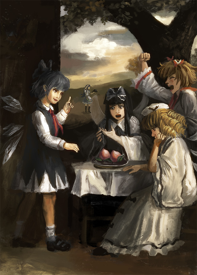 5girls amibazh black_hair blonde_hair blue_bow blue_hair blunt_bangs bow cirno cloud dress drill_hair fairy_wings fine_art_parody flat_chest food fruit full_body hair_bow hat hat_removed headwear_removed hinanawi_tenshi ice ice_wings index_finger_raised long_hair long_sleeves luna_child mary_janes multiple_girls open_mouth outdoors parody peach shoes short_hair star_sapphire sunny_milk surprised table touhou white_dress wide_sleeves wings