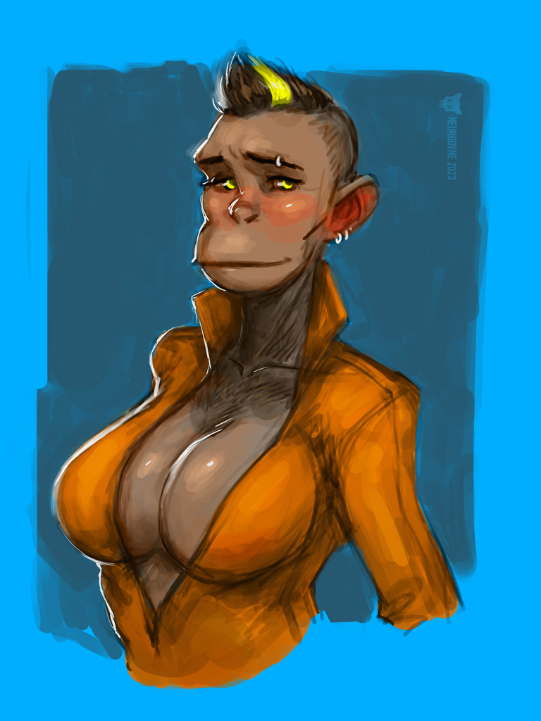 anthro ape breasts chimpanzee cleavage clothed clothing female haplorhine humanoid jumpsuit mammal neurodyne pan_(genus) piercing primate solo yello