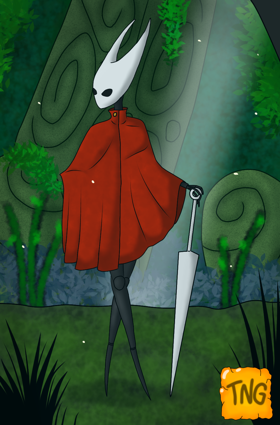 anthro arthropod beetle black_body cavern cloak cloak_only clothing elateroid female firefly gold_button hi_res hollow_knight hornet_(hollow_knight) hybrid insect mouthless nail_(weapon) plant poncho red_clothing ruins solo team_cherry the_nameless_guy white_head