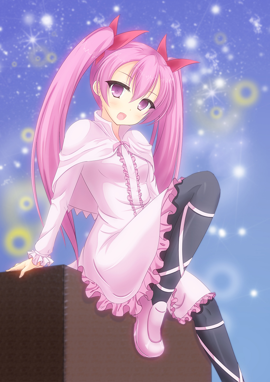 1girl :d akame_ga_kill! arm_support black_pantyhose blue_background blush boots breasts capelet center_frills commentary_request dress eyelashes feet_out_of_frame frilled_dress frilled_sleeves frills hair_between_eyes hair_ribbon highres hirocchi knee_up leg_ribbon long_hair long_sleeves looking_at_viewer mine_(akame_ga_kill!) open_mouth pantyhose parted_bangs pink_capelet pink_dress pink_footwear pink_hair pink_ribbon purple_eyes red_ribbon ribbon simple_background sitting small_breasts smile solo twintails