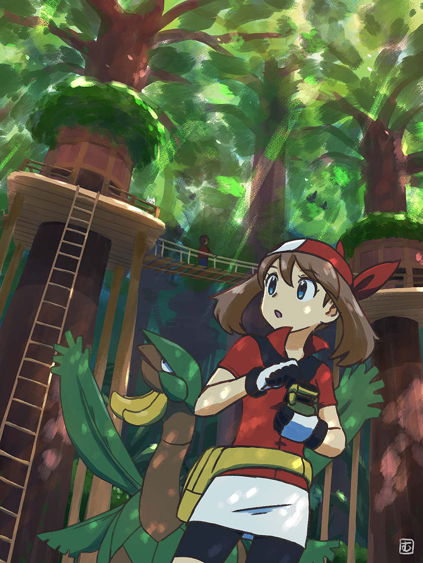 2girls :o aqua_eyes bandana bike_shorts bridge brown_hair collared_shirt commentary_request day eyelashes gloves holding ladder may_(pokemon) multiple_girls mutou610 open_mouth outdoors pokemon pokemon_(creature) pokemon_(game) pokemon_rse red_bandana red_shirt shirt short_sleeves skirt tree tropius white_gloves white_skirt