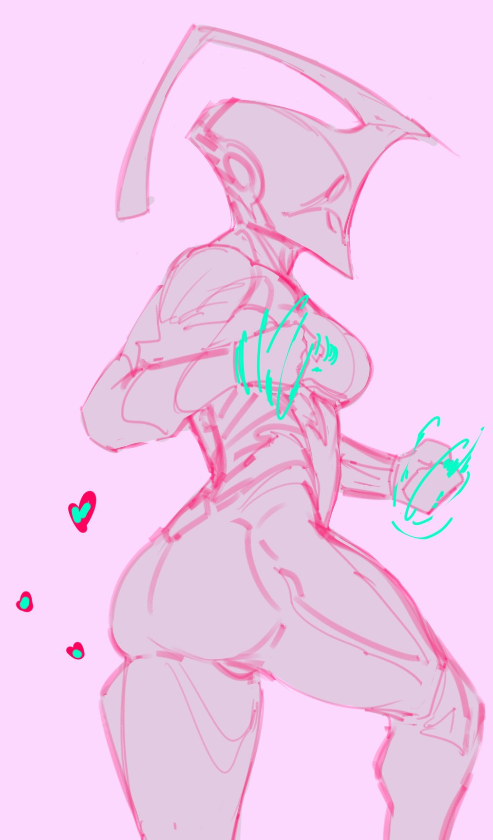 &lt;3 2021 alien alien_humanoid biped breasts butt colored_sketch featureless_crotch featureless_face female hi_res humanoid machine magic_user medium_breasts not_furry nyx_(warframe) partially_colored pink_background portrait robot robot_humanoid side_view simple_background sketch solo spookyboi standing tenno thick_thighs three-quarter_portrait unusual_anatomy unusual_horn warframe