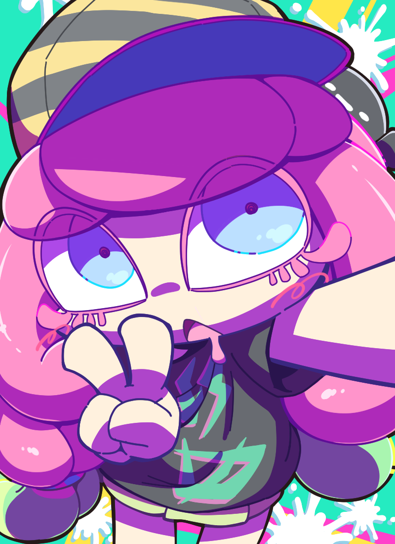 1girl black_shirt blue_eyes drooling eyelashes harmony's_clownfish_(splatoon) harmony_(splatoon) long_hair mouth_drool multicolored_background nettsuu no_nose open_mouth pink_hair selfie shirt short_sleeves skirt solo splatoon_(series) splatter striped striped_headwear v white_skirt yellow_headwear